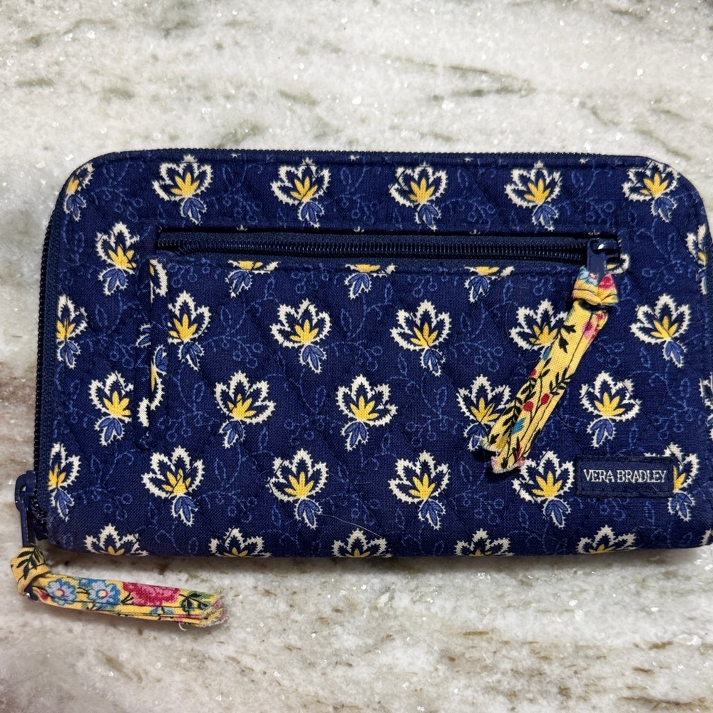 Vera Bradley Maison Zip Wallet Navy and Yellow Floral retired Zip around